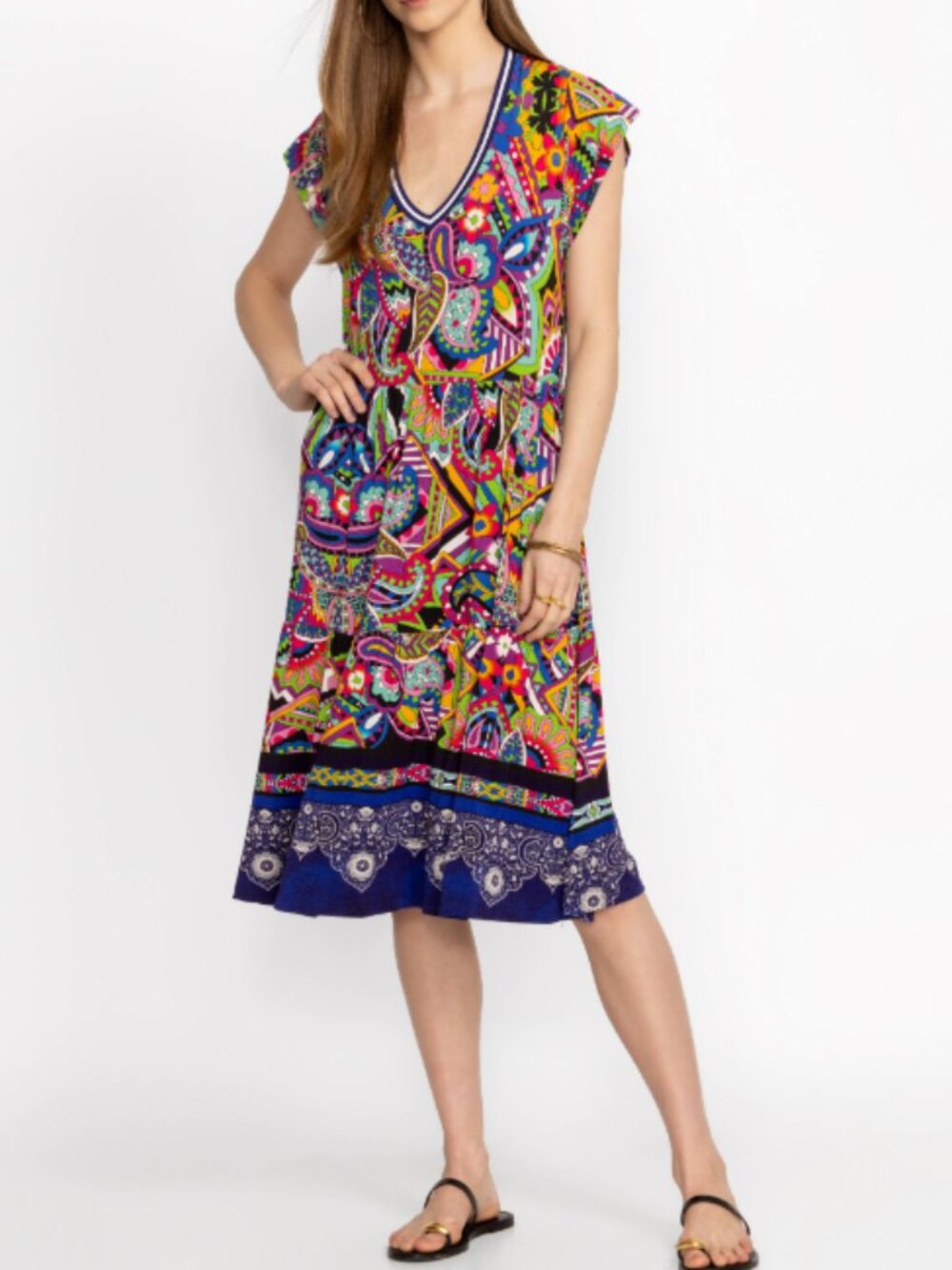 JOHNNY WAS Janie Dress Favorite Tiered Tea Length Demarne Print Colorful size XL